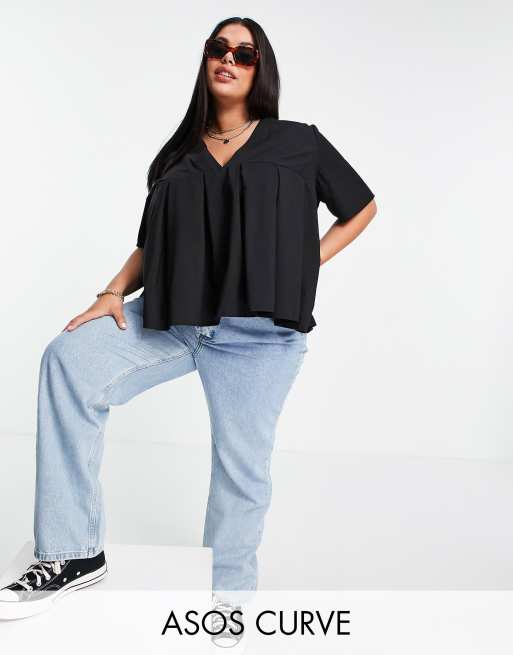 ASOS DESIGN Curve - Top a maniche corte in cotone nero con pieghe sul retro