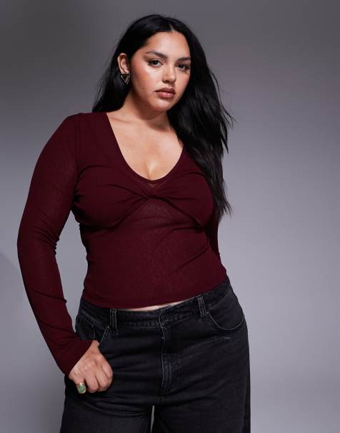 ASOS DESIGN Curve - Top a maniche lunghe a doppio strato color mora scuro con dettaglio attorcigliato sul bustino - view 1