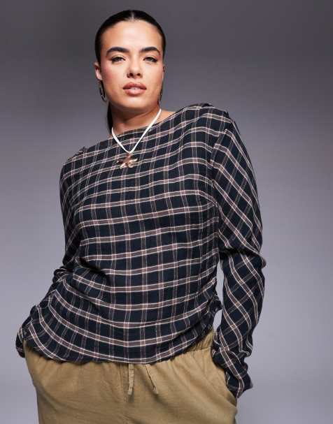 ASOS DESIGN Curve - Top a maniche lunghe a quadri con dettaglio arricciato e scollo a barchetta - view 1