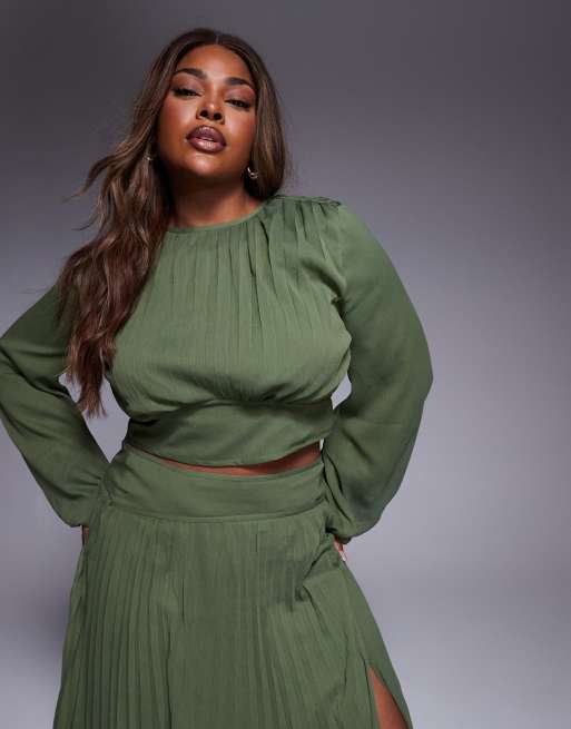ASOS DESIGN Curve - Top a maniche lunghe color oliva con pieghe in vita in coordinato, 1 di 4