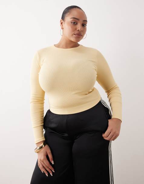 ASOS DESIGN Curve - Top a maniche lunghe girocollo color latticello a coste - view 1