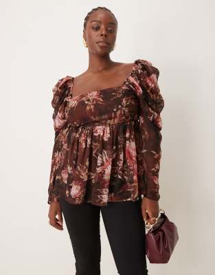 Asos Design Curve - Top A Maniche Lunghe In Chiffon Effetto Vaporoso Con Stampa A Fiori E Scollo Squadrato-Multicolore