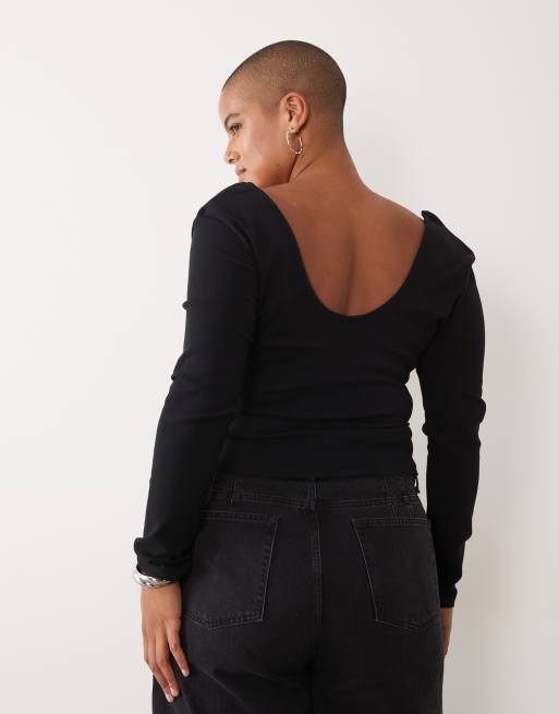 ASOS DESIGN Curve top a maniche lunghe in cotone compatto con scollo arrotondato nero, 4 di 4