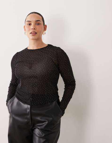 ASOS DESIGN Curve top a maniche lunghe in mesh testurizzato con applicazioni hotfix nero - view 1