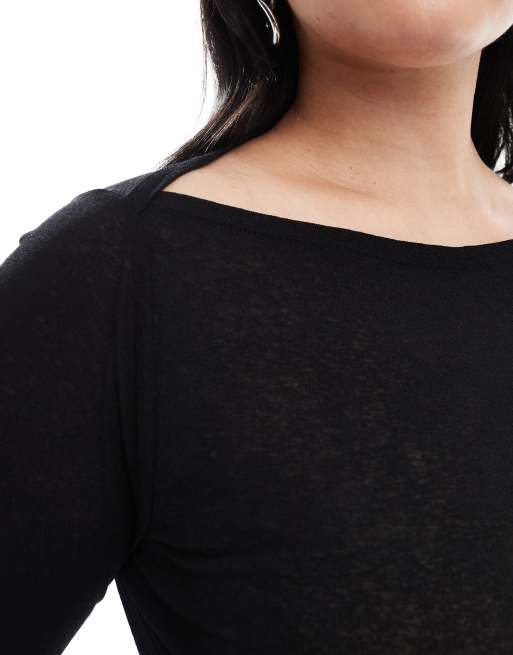 ASOS DESIGN Curve - Top a maniche lunghe in rete testurizzata con scollo a barchetta nero, 3 di 4