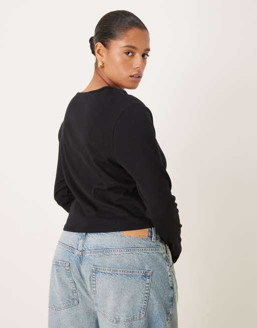 ASOS DESIGN Curve - Top a maniche lunghe nero a coste con scollo squadrato, 4 di 4