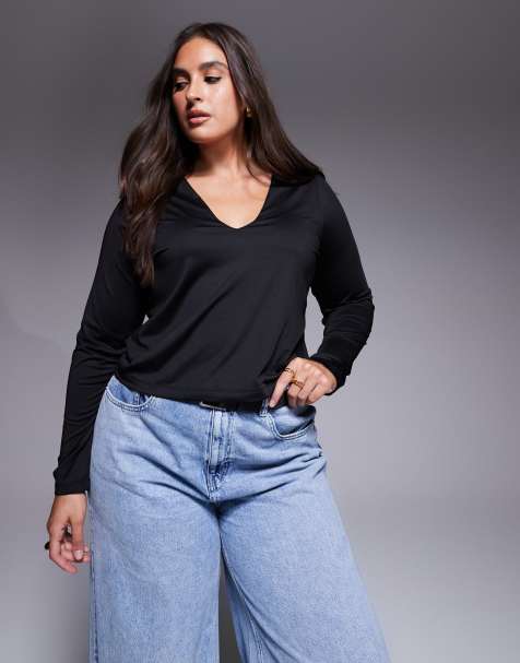 ASOS DESIGN Curve - Top a maniche lunghe nero a doppio strato con scollo a V profondo - view 1