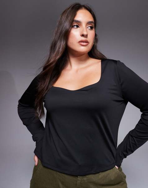 ASOS DESIGN Curve - Top a maniche lunghe nero a doppio strato con scollo rotondo - view 1
