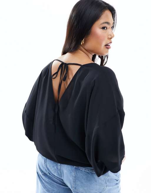 ASOS DESIGN Curve - Top a maniche lunghe nero a trapezio con scollo a V, 3 di 4