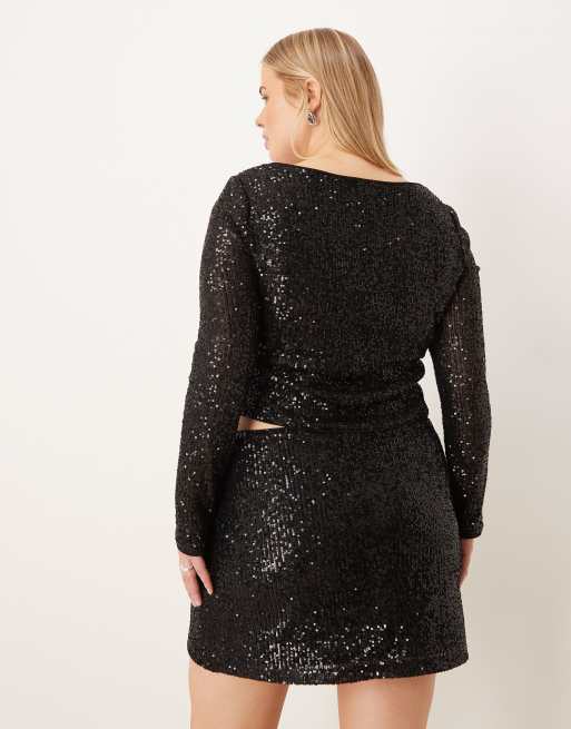 ASOS DESIGN Curve - Top a maniche lunghe nero con paillettes e apertura a goccia, 3 di 4