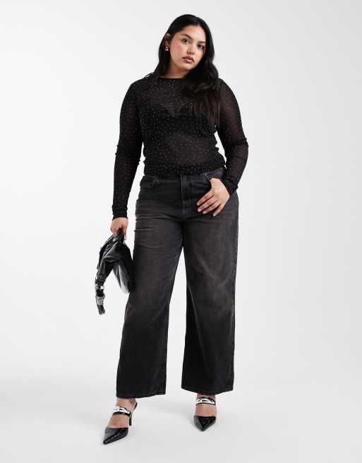 ASOS DESIGN Curve - Top a maniche lunghe nero in rete testurizzata con dettagli applicati a caldo, 2 di 4