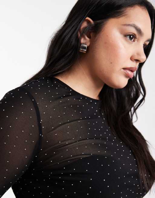 ASOS DESIGN Curve - Top a maniche lunghe nero in rete testurizzata con dettagli applicati a caldo, 3 di 4