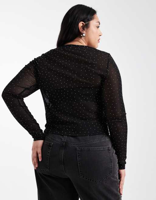 ASOS DESIGN Curve - Top a maniche lunghe nero in rete testurizzata con dettagli applicati a caldo, 4 di 4