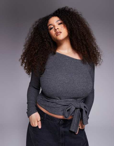 ASOS DESIGN Curve - Top a maniche lunghe spazzolato color antracite con scollo asimmetrico e allacciatura in vita - view 1