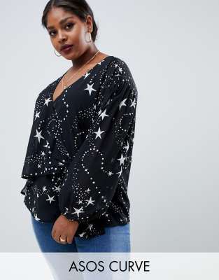 ASOS DESIGN Curve - Top a maniche lunghe trasparente con stampa a stelle