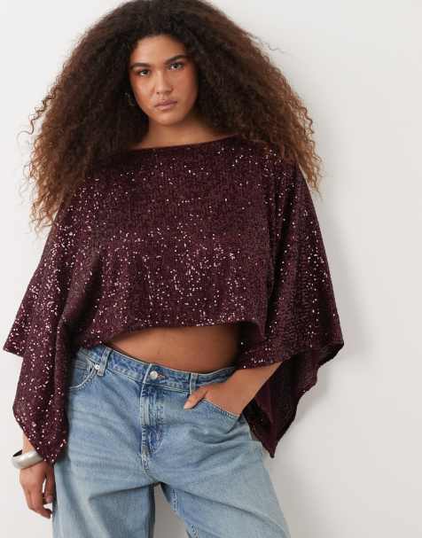ASOS DESIGN Curve - Top a mantella color bacca con paillettes - view 1