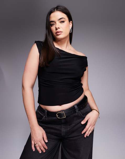 ASOS DESIGN Curve - Top aderente asimmetrico con spalle scoperte intrecciato nero - view 1