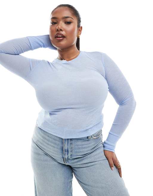 ASOS DESIGN Curve - Top base layer girocollo azzurro in rete a coste