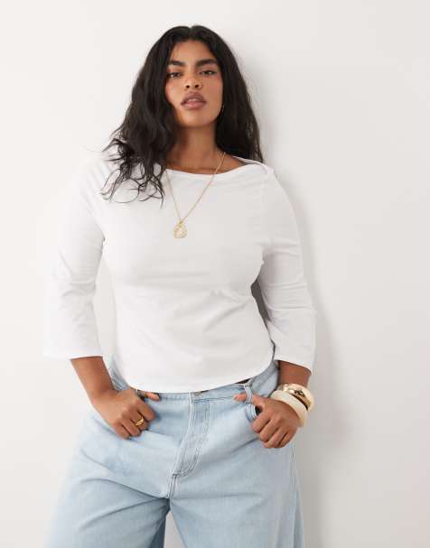 ASOS DESIGN Curve top bianco con maniche a 3/4 e scollo a barchetta - view 1