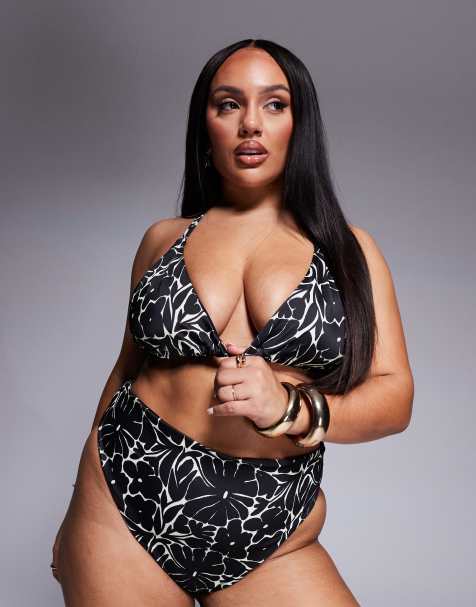 ASOS DESIGN Curve - Top bikini a triangolo ad apice alto allacciato al collo con stampa a fiori monocromatica - view 1
