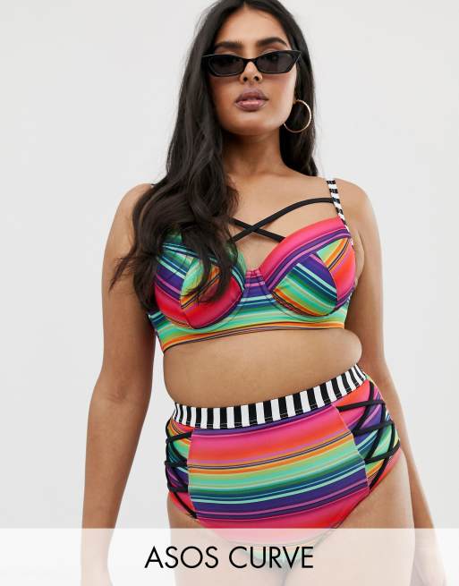 ASOS DESIGN Curve - Bikini a righe multi con culotte e top a coppe contenitive, 2 di 3