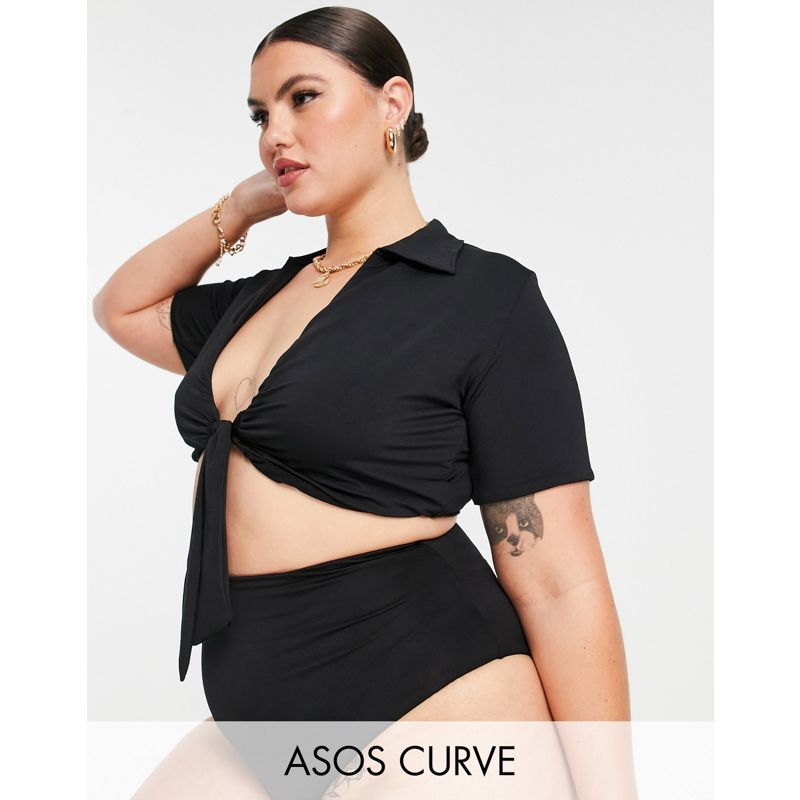 Donna Costumi e Moda mare DESIGN Curve - Top bikini corto con colletto e allacciato sul davanti nero lucido