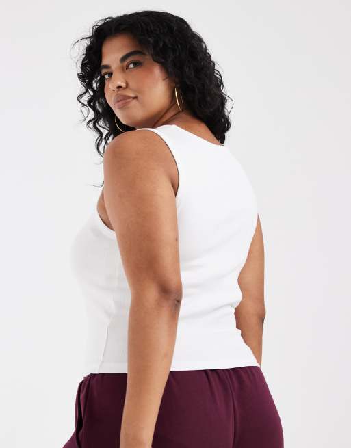 ASOS DESIGN Curve - Top blanco sin mangas con cuello ancho y ribetes gruesos de canalé, 4 de 4