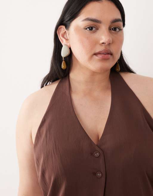ASOS DESIGN Curve - Top boutonné ajusté à dos nu - Marron, 2 de 4