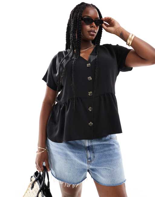 ASOS DESIGN Curve - Top boutonné aspect lin coupe péplum - Noir