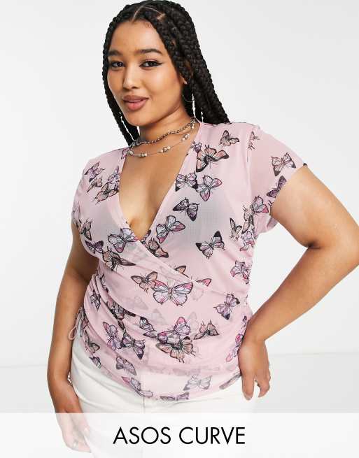 ASOS DESIGN Curve - Top cache-cœur en tulle à imprimé papillon - Lilas