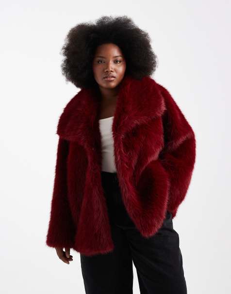 ASOS DESIGN Curve top collar faux fur coat in red - view 1