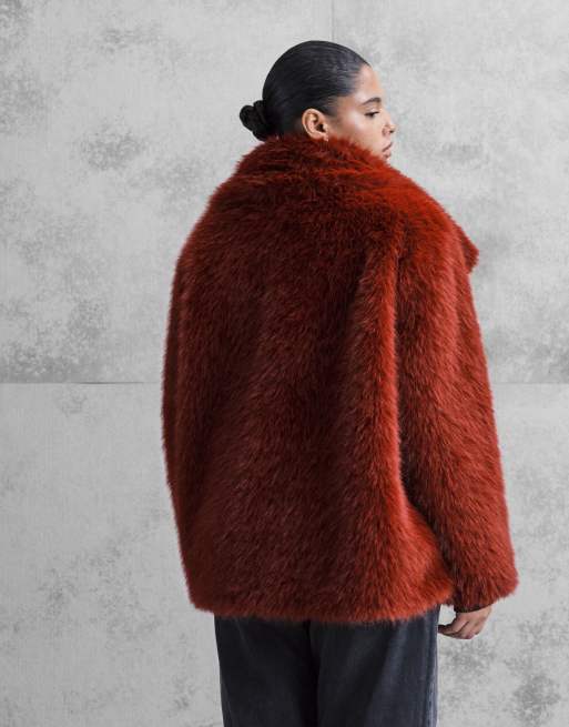 ASOS DESIGN Curve top collar faux fur coat in red