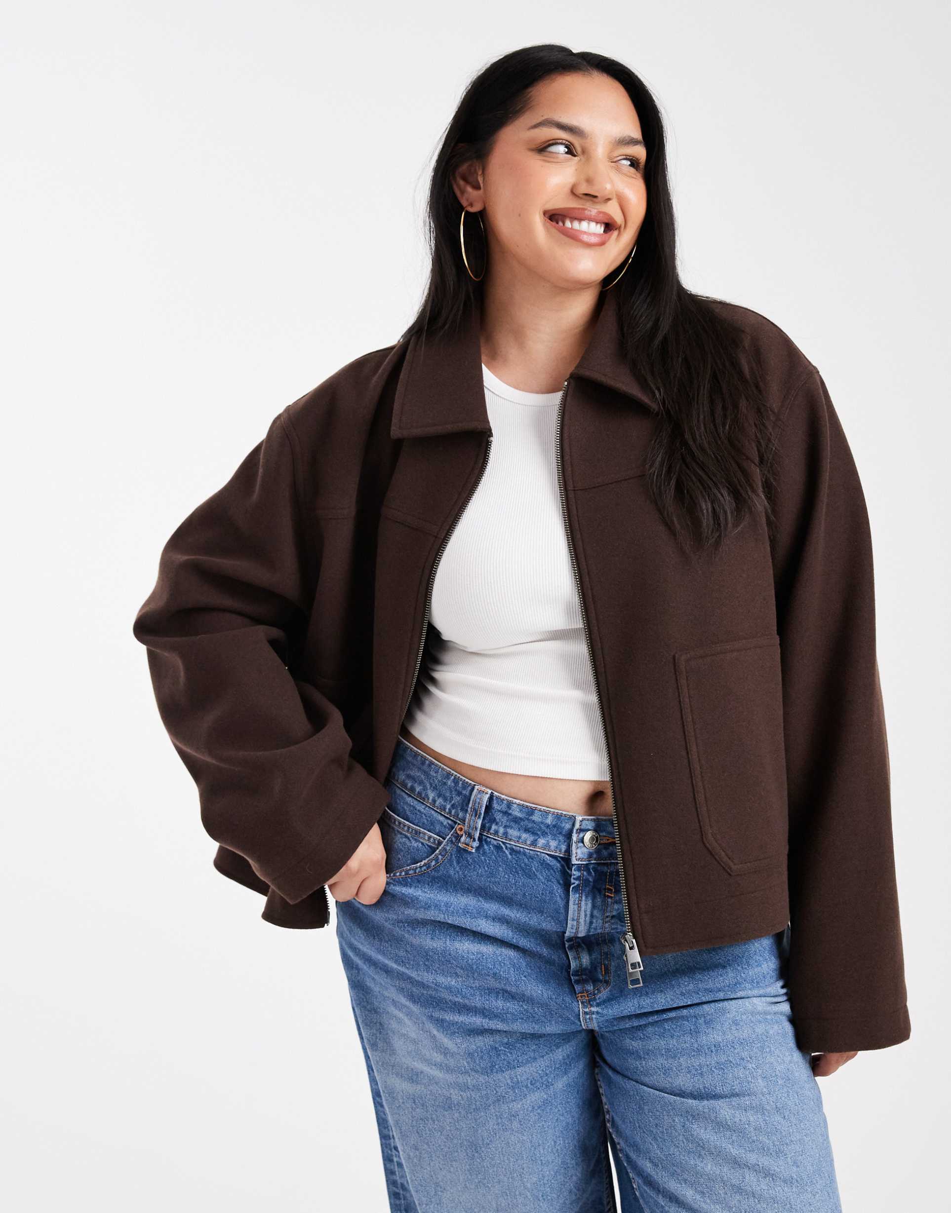 asos design curve top collar zip through jacket in chocolate
