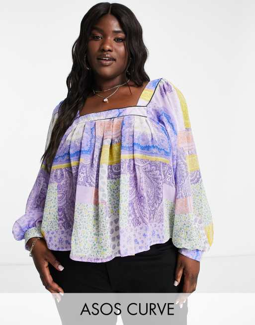 ASOS DESIGN Curve - Top con scollo squadrato e maniche a campana a fiori patchwork