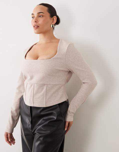ASOS DESIGN Curve top corsetto a maniche lunghe con scollo squadrato in spina di pesce crema - view 1