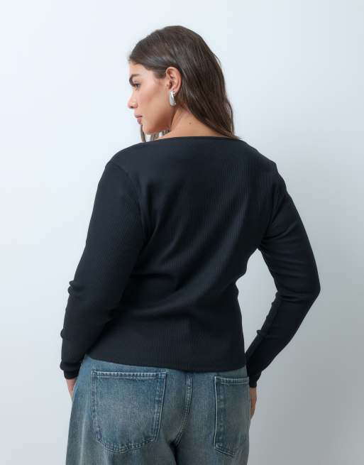 ASOS DESIGN Curve top côtelé gainant boutonné sur le devant avec sous-couche en dentelle noir, 4 de 5