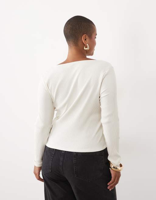 ASOS DESIGN Curve top côtelé sculptant boutonné devant avec sous-couche en dentelle crème, 4 de 4