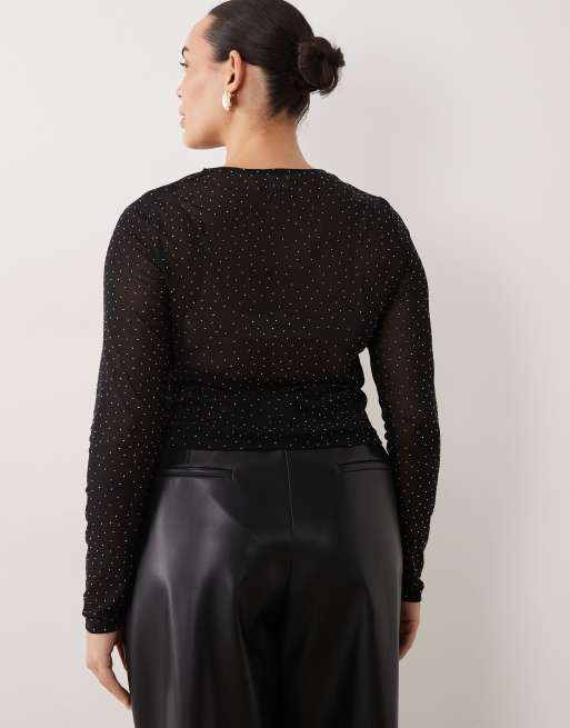 ASOS DESIGN Curve top de manga larga de malla texturizada con hotfix en negro, 4 de 4