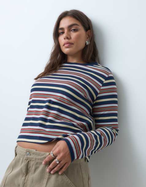 ASOS DESIGN Curve top de pijama de manga larga a rayas azules y marrones - view 1