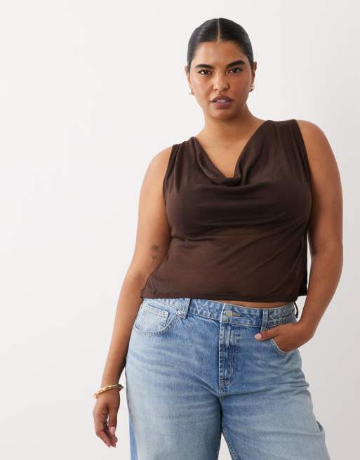 ASOS DESIGN Curve top de punto semitransparente con cuello drapeado tipo bufanda en chocolate