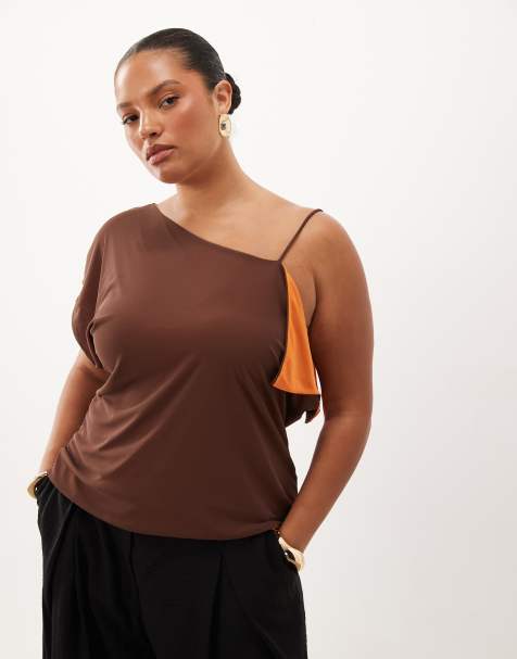 ASOS DESIGN Curve top de tirantes asimétrico de malla de doble capa en marrón y naranja - view 1