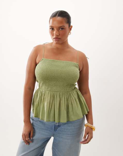 ASOS DESIGN Curve - top de tirantes con detalle fruncido y sobrefalda en caqui - view 1