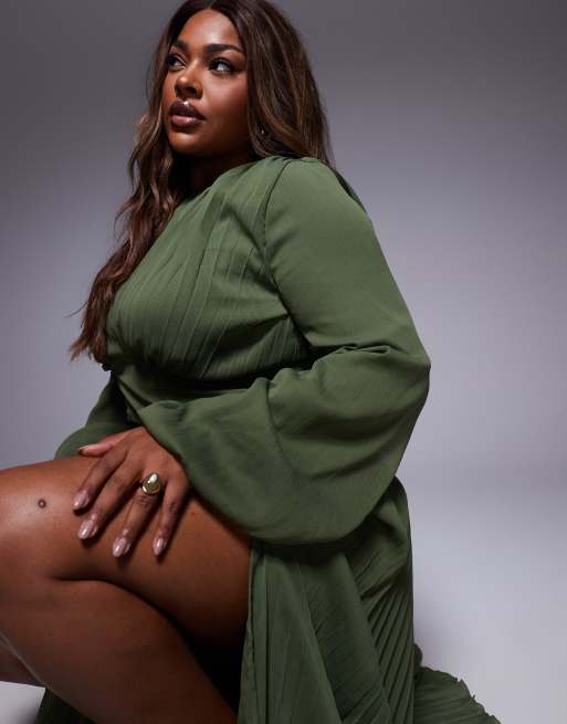ASOS DESIGN Curve - Top d'ensemble à manches longues et détails plissés à la taille - Olive, 2 de 4