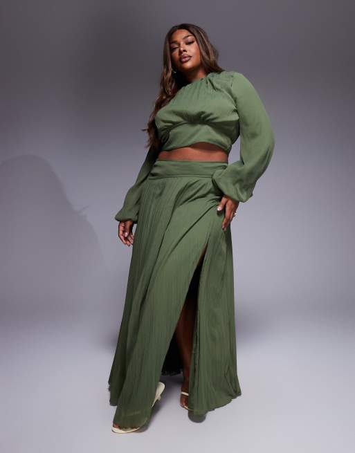 ASOS DESIGN Curve - Top d'ensemble à manches longues et détails plissés à la taille - Olive, 3 de 4