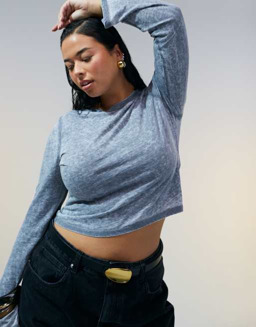ASOS DESIGN Curve - Top dévoré a maniche lunghe grigio lavaggio acido
