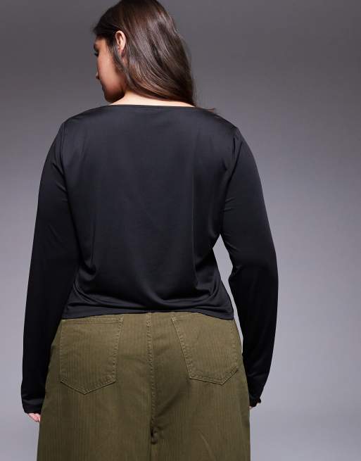 ASOS DESIGN Curve - Top double épaisseur à manches longues et encolure dégagée arrondie - Noir, 2 de 4