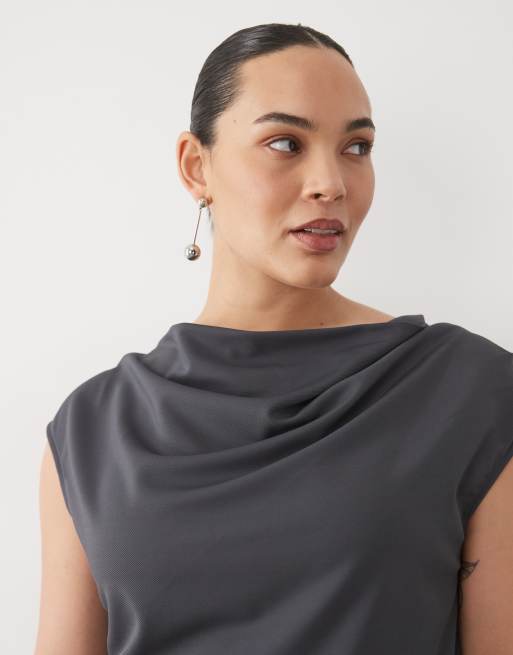 ASOS DESIGN Curve top drappeggiato in twill morbido coordinato antracite, 3 di 4