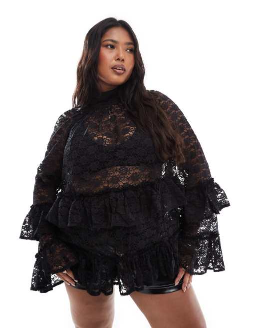 ASOS DESIGN Curve - Top en dentelle à col montant et volants étagés - Noir