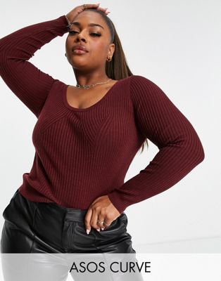ASOS DESIGN Curve knitted top with scoop neck with rib bust detail in dark red - ASOS Price Checker