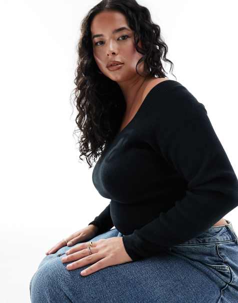 ASOS DESIGN Curve - Top en maille à épaules dénudées style encolure bardot - Noir - view 1